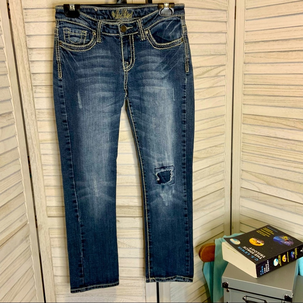 Red Rivet Patchwork Dark Wash Low Rise Ankle Jeans Sz 5